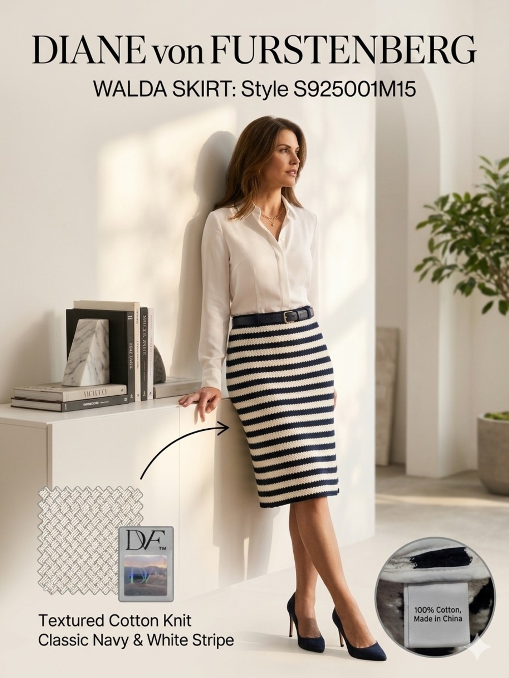 Diane von Furstenberg DVF Walda Striped Knit Pencil Skirt Navy White Size 4